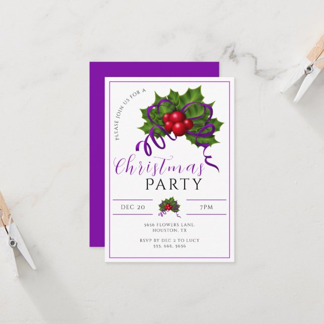 Modern Holly, Berries & Ribbon Christmas Party Invitation (Front/Back In Situ)