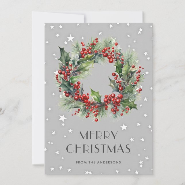 Modern Holly Berries Wreath Merry Christmas Card (Front)