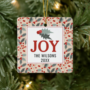Modern Holly Berry Christmas Botanical Joy Family Ceramic Ornament