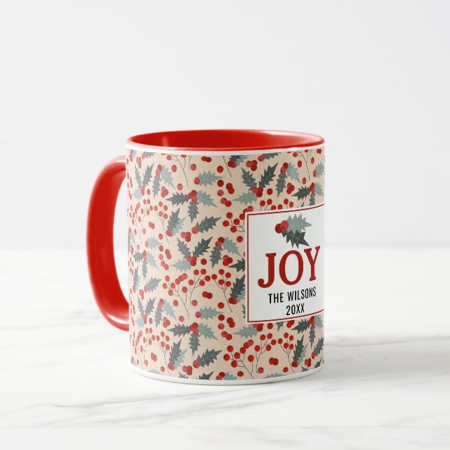 Modern Holly Berry Christmas Botanical Joy Family Mug (Front Left)