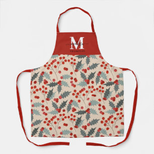 Modern Holly Berry Christmas Botanical Monogram Apron