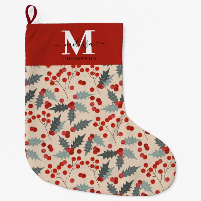 Modern Holly Berry Christmas Botanical Monogram Large Christmas Stocking (Front)