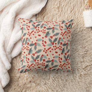 Modern Holly Berry Christmas Botanical Pattern Cushion