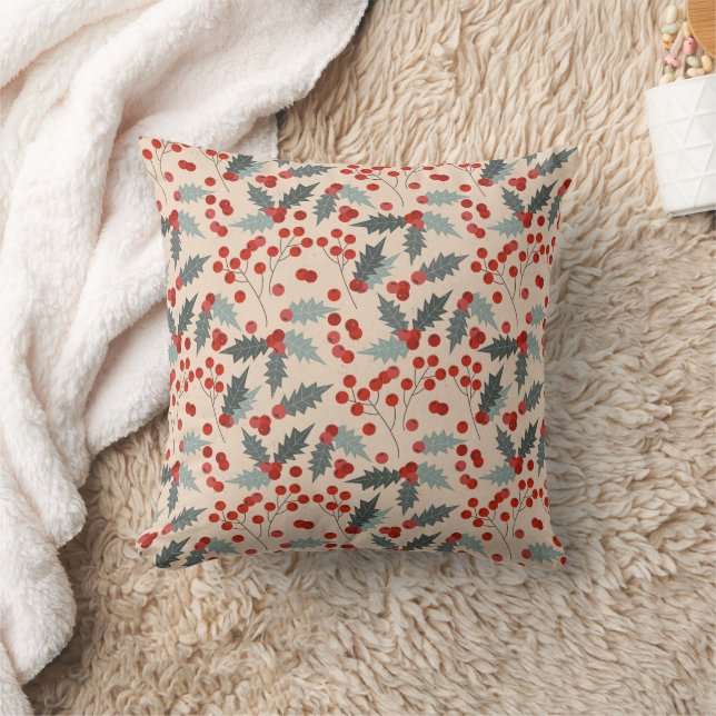 Modern Holly Berry Christmas Botanical Pattern Cushion (Blanket)