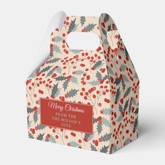 Modern Holly Berry Christmas Botanical Pattern Favour Box (Front Side)