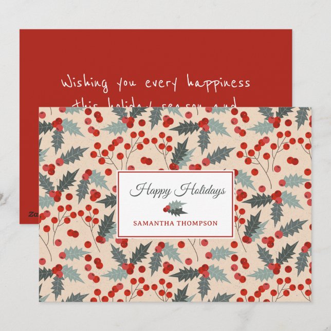 Modern Holly Berry Christmas Botanical Pattern Holiday Card (Front/Back)