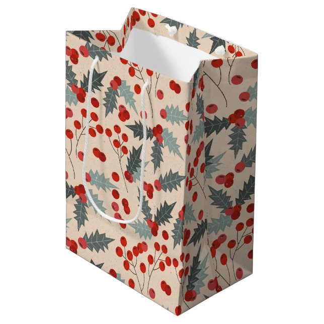 Modern Holly Berry Christmas Botanical Pattern Medium Gift Bag (Front Angled)