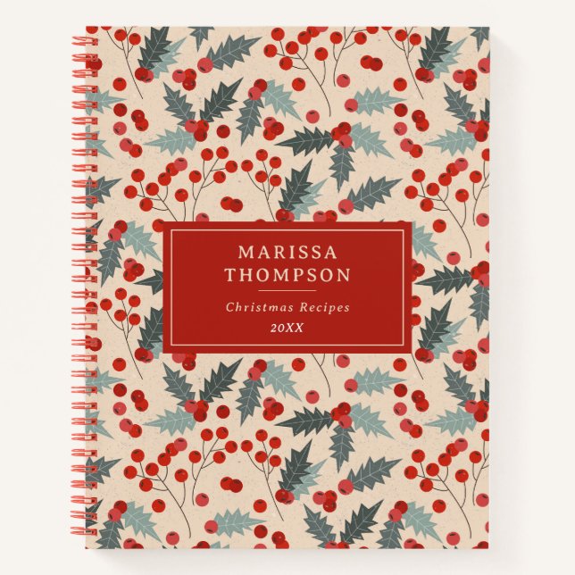 Modern Holly Berry Christmas Botanical Pattern Notebook (Front)