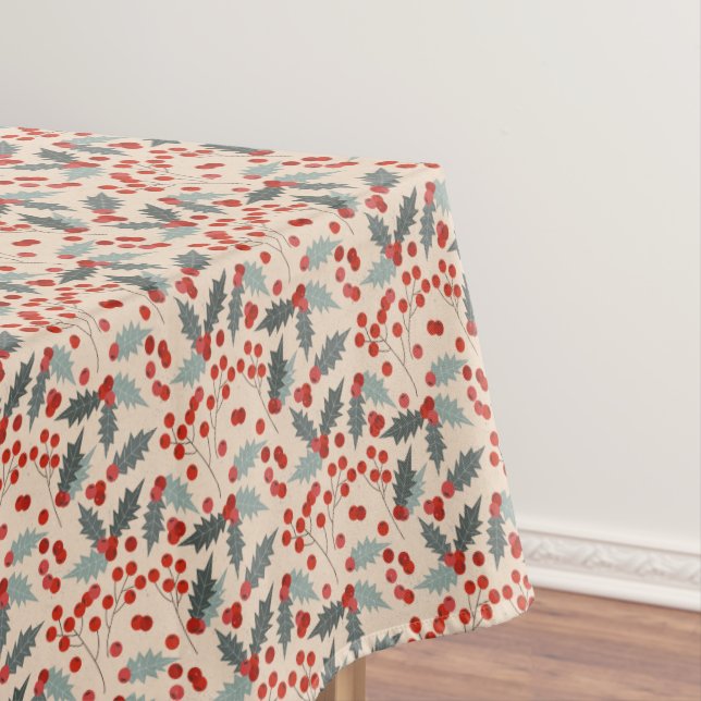 Modern Holly Berry Christmas Botanical Pattern Tablecloth (In Situ)