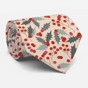 Modern Holly Berry Christmas Botanical Pattern Tie