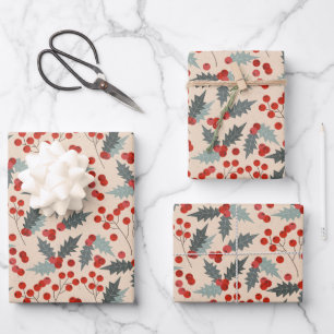 Modern Holly Berry Christmas Botanical Pattern Wrapping Paper Sheet