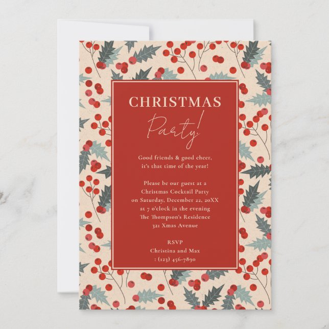 Modern Holly Berry Christmas Party Invitation (Front)