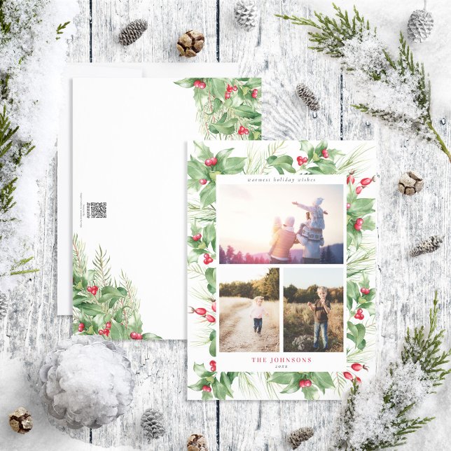 Modern Holly Berry Greenery 3 Photo Holiday Card (Creator Uploaded)