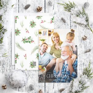 Modern Holly Berry Greenery Merry Christmas Photo Holiday Card