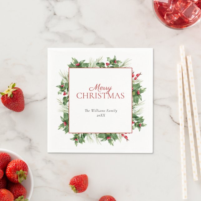 Modern Holly Berry Merry Christmas Napkins (Insitu)