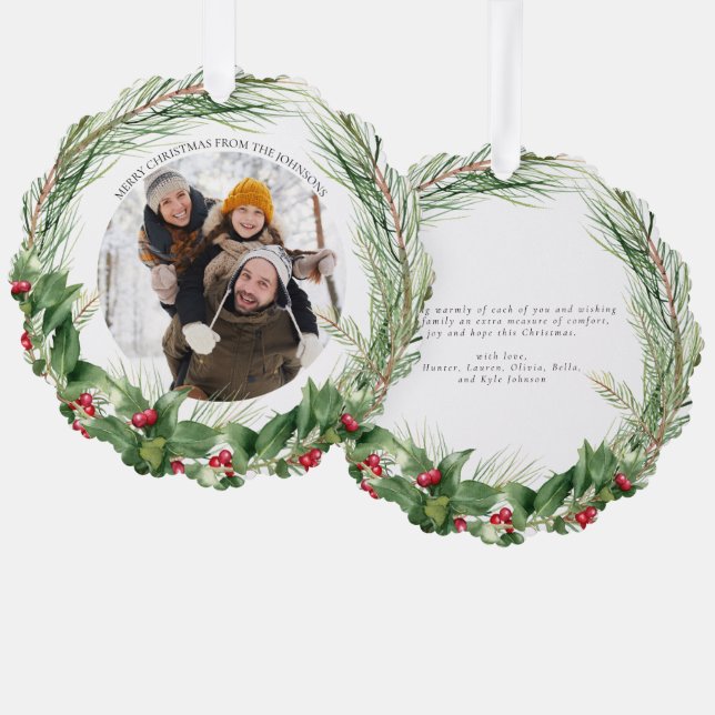 Modern Holly Berry Merry Christmas Photo Wreath Tree Decoration Card (Front/Back)