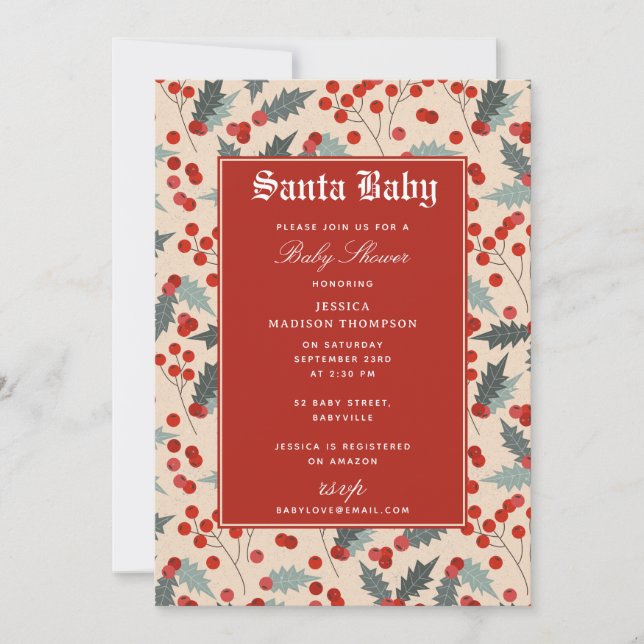 Modern Holly Berry Santa Baby Shower Invitation (Front)
