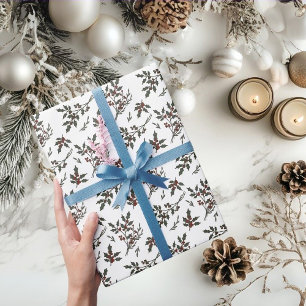 Modern Holly Christmas Plant Berries Winter White Wrapping Paper