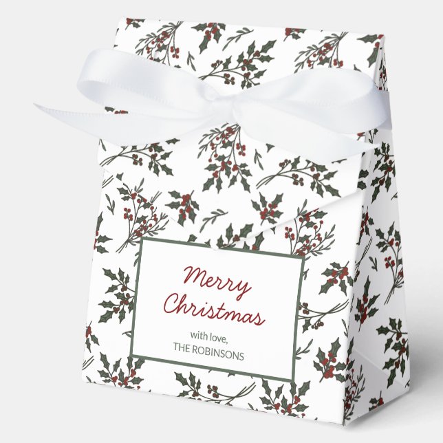 Modern Holly Christmas Plant Pattern White Favour Box (Front)