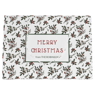 Modern Holly Christmas Plant Pattern White Large Gift Bag