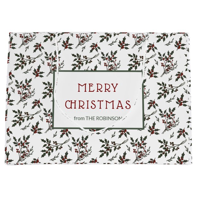 Modern Holly Christmas Plant Pattern White Large Gift Bag (Front)