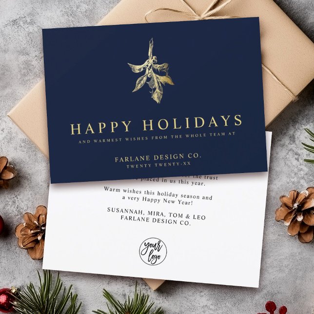 Modern Holly | Elegant Gold Navy Business Holiday Card (Creator Uploaded)