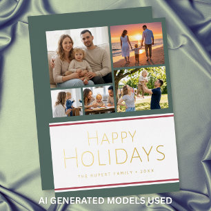 Modern Holly Five Photo Collage Happy Holidays Foil Holiday Card
