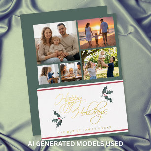 Modern Holly Five Photo Collage Happy Holidays Foil Holiday Card