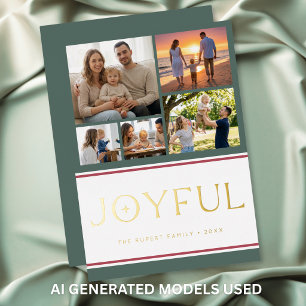 Modern Holly Five Photo Collage Joyful Foil Holiday Card