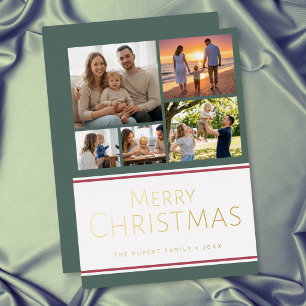 Modern Holly Five Photo Collage Merry Christmas Foil Holiday Card