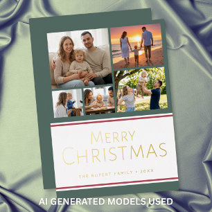 Modern Holly Five Photo Collage Merry Christmas Foil Holiday Card