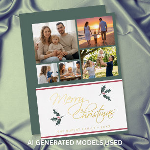 Modern Holly Five Photo Collage Merry Christmas Foil Holiday Card