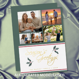 Modern Holly Five Photo Collage Seasons Greetings Foil Holiday Card