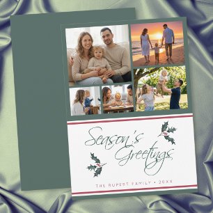 Modern Holly Five Photo Collage Seasons Greetings Holiday Card