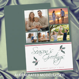 Modern Holly Five Photo Collage Seasons Greetings Holiday Card