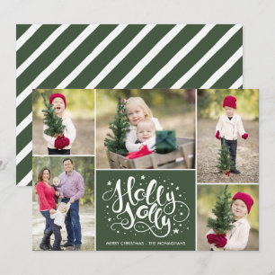 Modern Holly Jolly Photo Collage Christmas Green Holiday Card