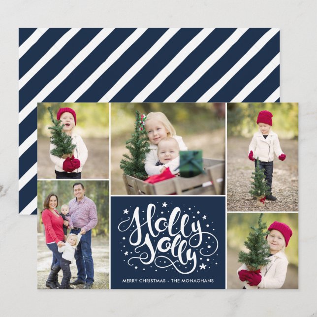 Modern Holly Jolly Photo Collage Christmas Navy Holiday Card (Front/Back)