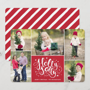 Modern Holly Jolly Photo Collage Christmas Red Holiday Card