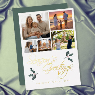 Modern Holly Photo Collage Seasons Greetings Foil Holiday Card