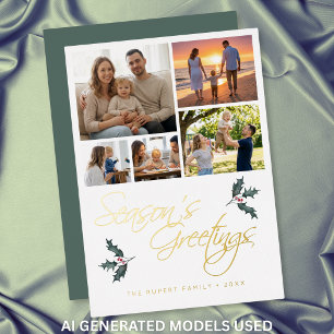 Modern Holly Photo Collage Seasons Greetings Foil Holiday Card