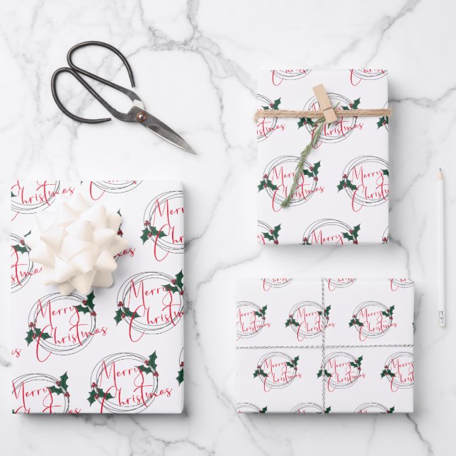 Modern Holly Wreath Merry Christmas Wrapping Paper Sheet (Front)