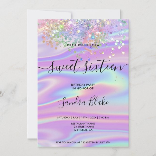 Modern Holograph Girly Trendy Sweet 16 Invitation (Front)