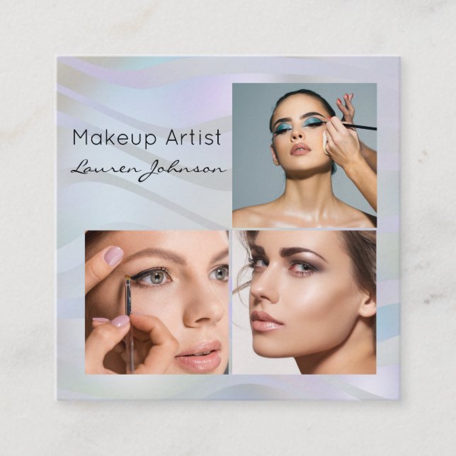 Modern Holographic 3 Photo Makeup  Square Business Card (Front)