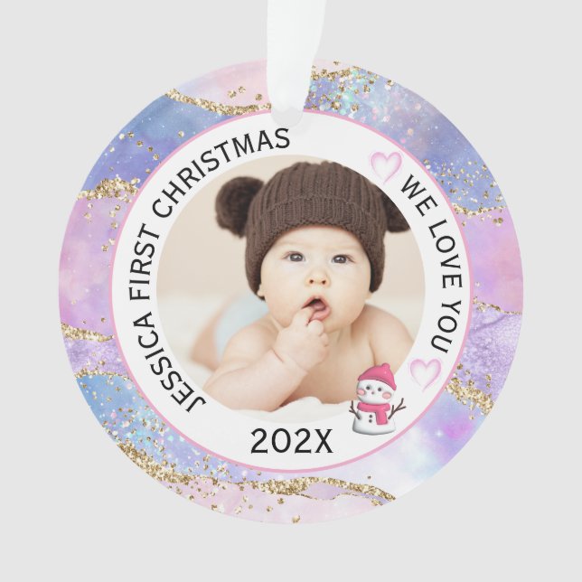Modern Holographic Baby Girl First Christmas Photo Ornament (Front)