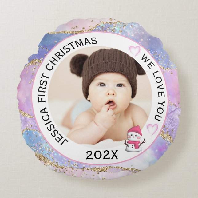 Modern Holographic Baby Girl First Christmas Photo Round Cushion (Front)