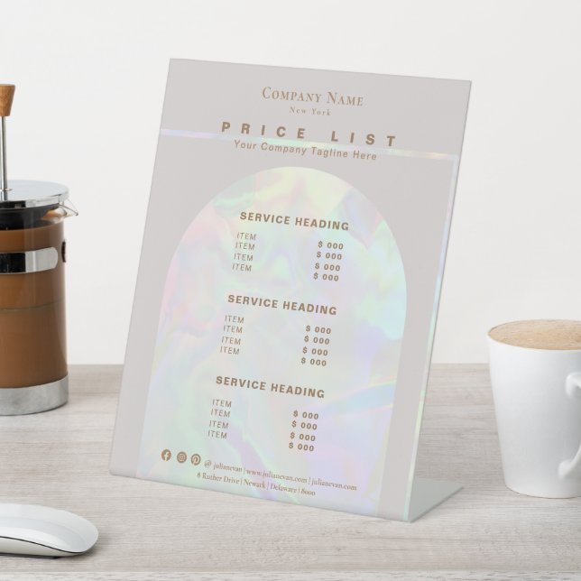 Modern Holographic Beige Beauty Service Price List Pedestal Sign (In SItu)