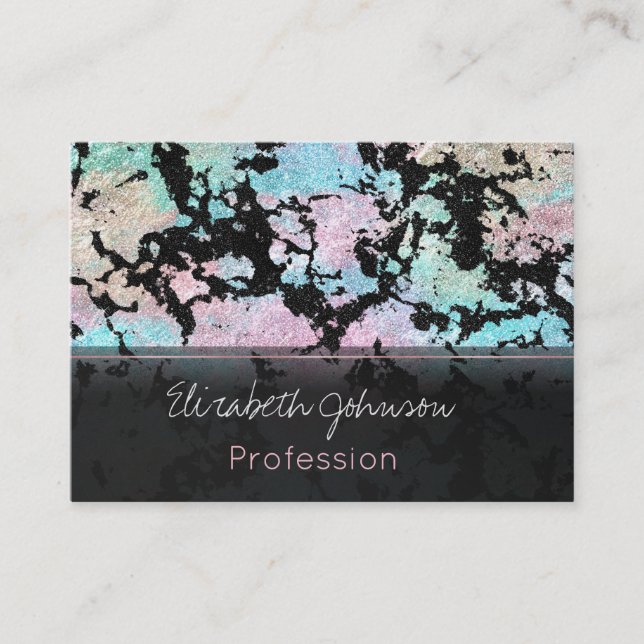 Modern Holographic & Black Glitter Marble Image Business Card (Front)