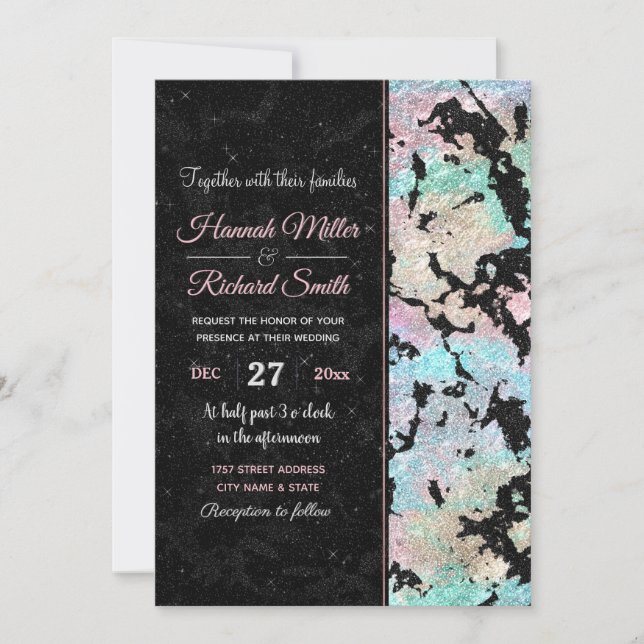 Modern Holographic & Black Glitter Marble Image Invitation (Front)