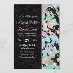 Modern Holographic & Black Glitter Marble Image Invitation