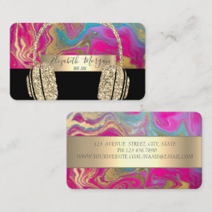 Modern Holographic Black Gold Glitter Headphone DJ Business Card